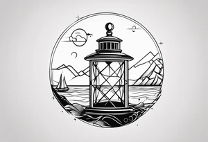 farol linhas bem finas e geométricas e desenho com moldura redonda. bem minimalista tattoo idea