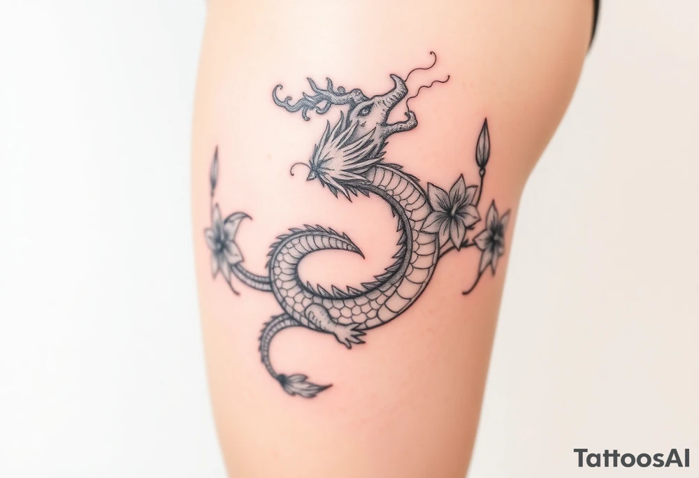 a fire-breathing dragon with some lilys on the sides tattoo idea