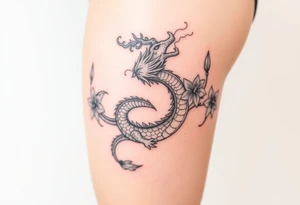 a fire-breathing dragon with some lilys on the sides tattoo idea