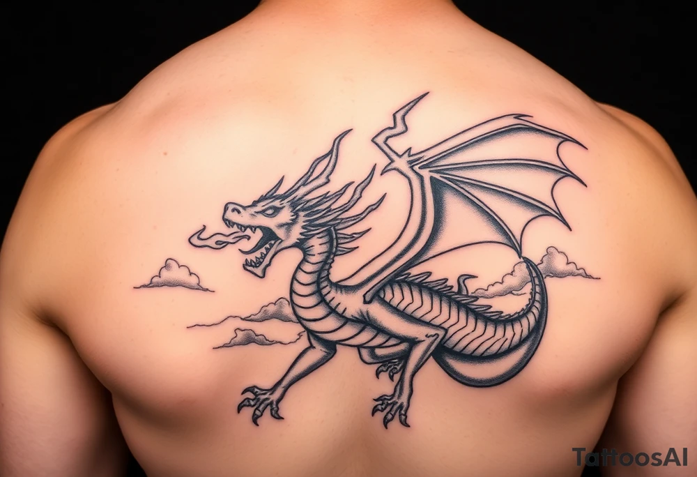 fierce dragon breathing iridescent fire against stormy skies tattoo idea