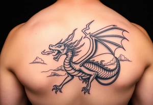 fierce dragon breathing iridescent fire against stormy skies tattoo idea