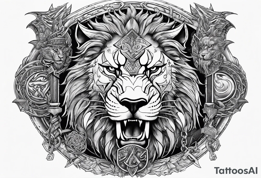 Valhalla sword shield  axe lion dragon 
Valknut barbed wire chains tattoo idea