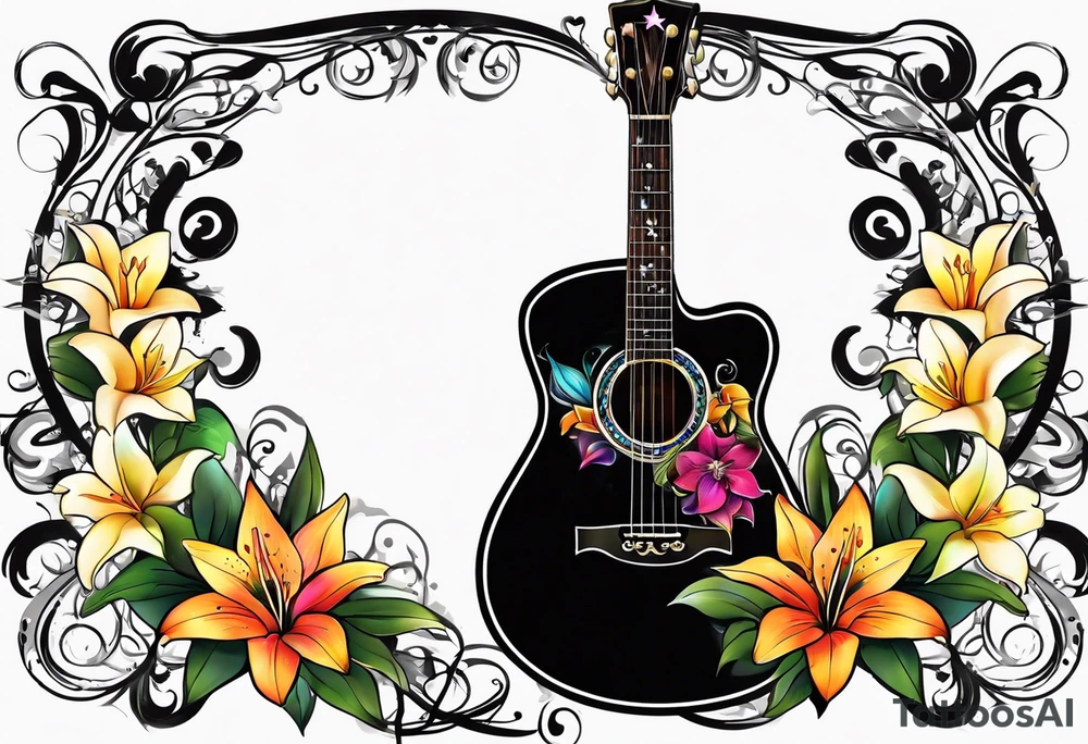 black acoustic guitar with a star on the body and colorful lilies around it. tattoo idea