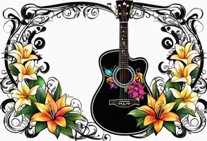 black acoustic guitar with a star on the body and colorful lilies around it. tattoo idea