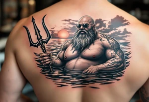 young, happy, fat, balding, poseidon in calm water, holding a trident, drinking a beer, with sunset, with ski boat, with sunglasses tattoo idea