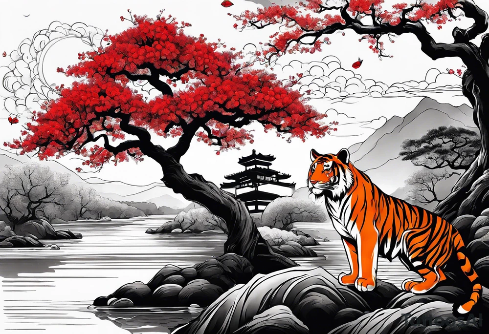 Create an upper arm tattoo of a Red japanese oak tree next to a river with a tiger sitting next to it tattoo idea