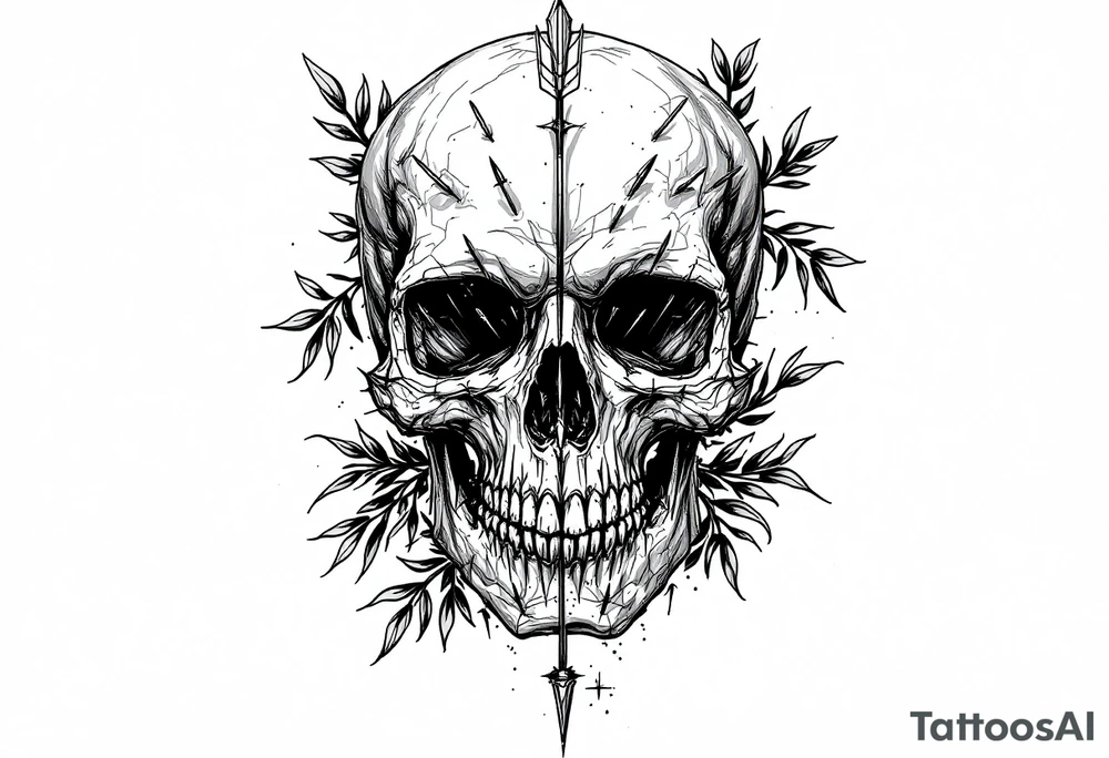 a skull whose head would be pierced by needles under the head go a long an  arrow and surrounded by a olive tree leaf around tattoo idea