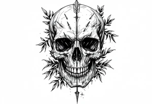 a skull whose head would be pierced by needles under the head go a long an  arrow and surrounded by a olive tree leaf around tattoo idea