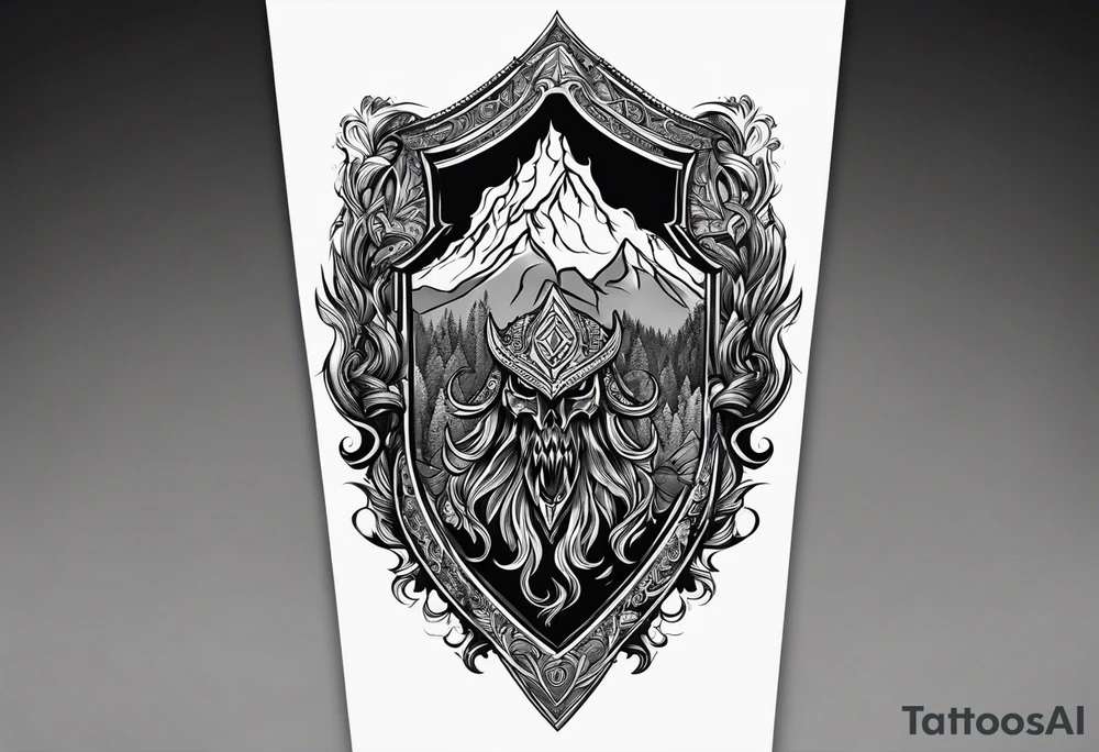 A flaming shield adorned with a mountain and a warhammer tattoo idea
