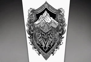 A flaming shield adorned with a mountain and a warhammer tattoo idea