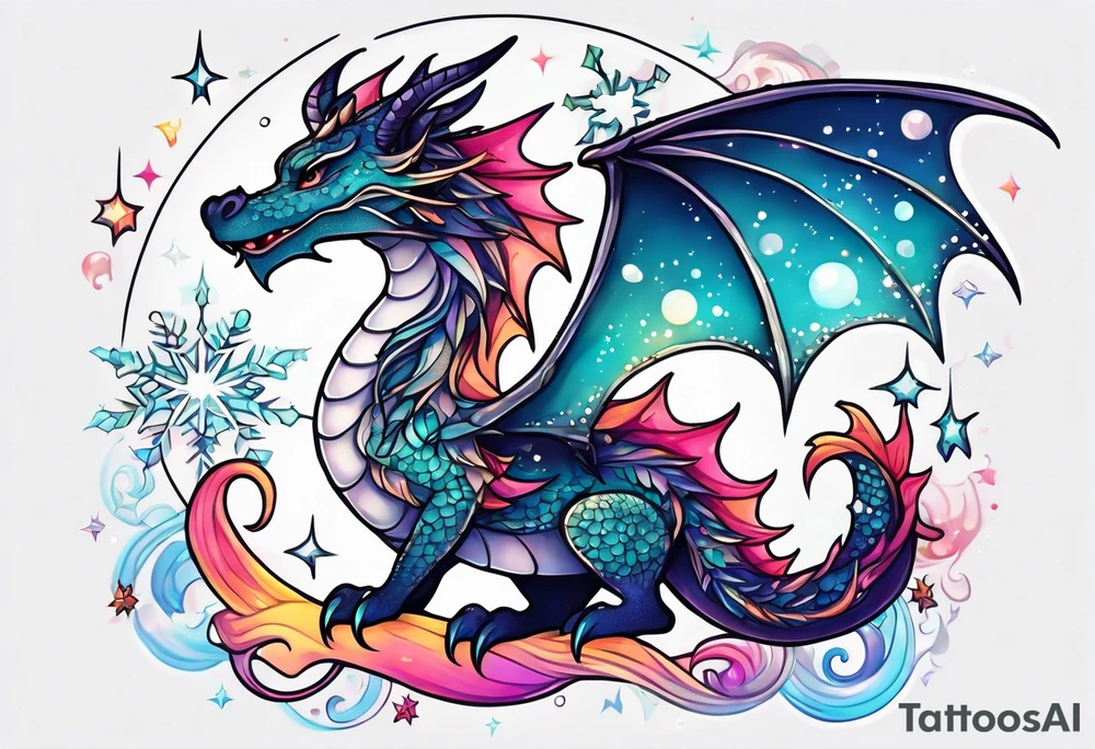 Constellation, kawaii dragon, snowflake tattoo idea
