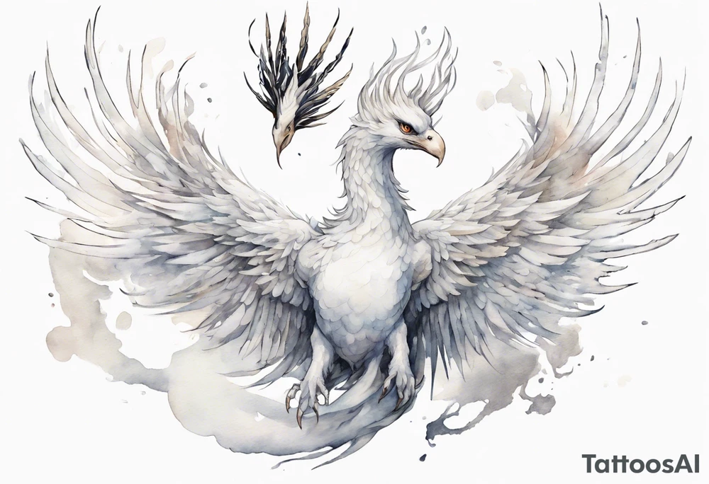 a white phoenix-serpent hybrid wearing a crown, flying in the air tattoo idea