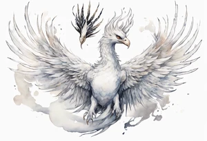 a white phoenix-serpent hybrid wearing a crown, flying in the air tattoo idea