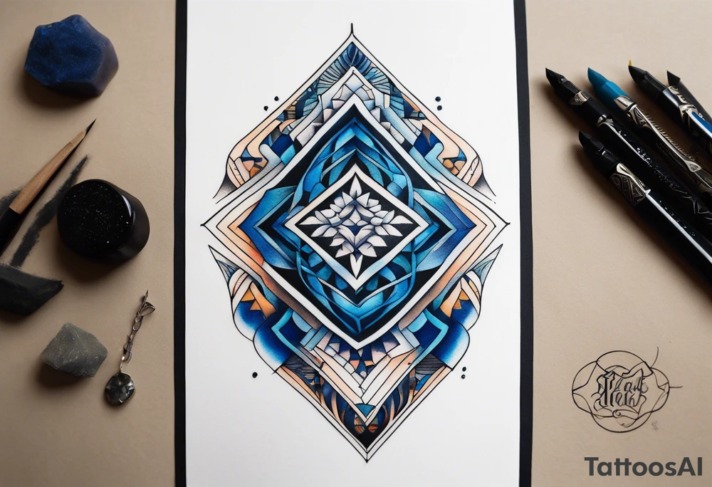semi Detailed neo traditional knee tattoo flat on paper. The tattoo features geometric patterns and bold lines, creating a visually striking design with slight tints of deep fall colors. The background 
outside the tattoo features deep blues washes and water swirls tattoo idea