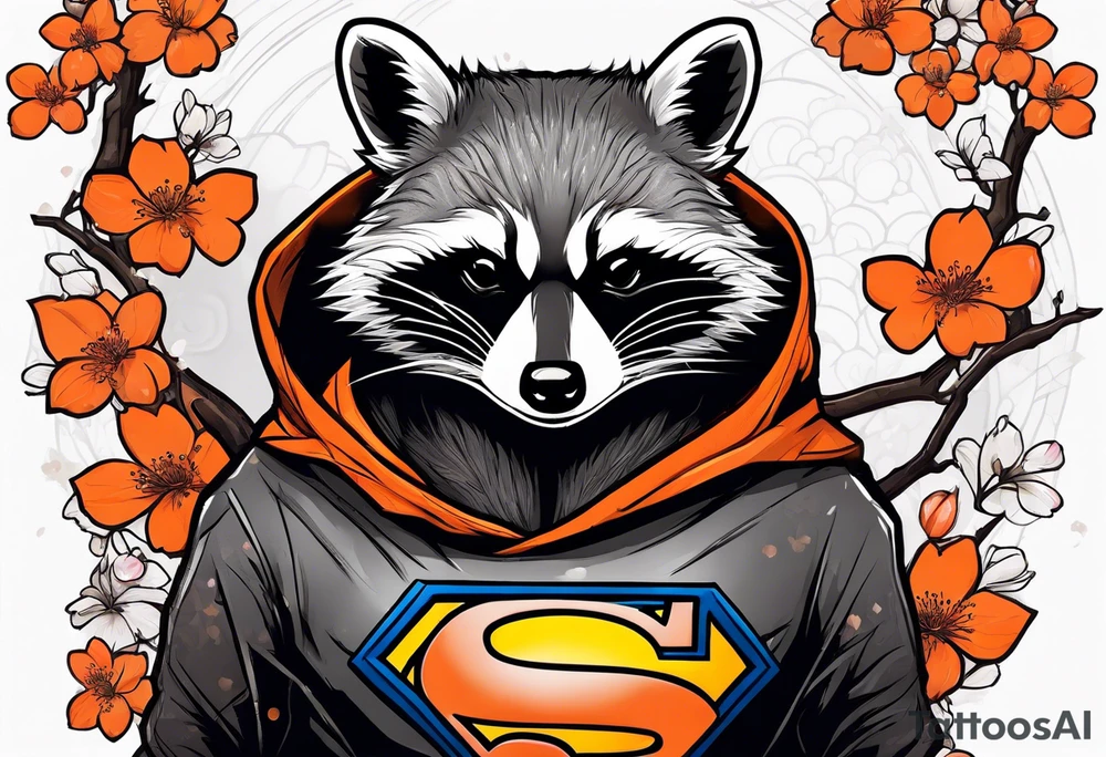 Raccoon wearing a white Superman logo on a black hoodie and orange Japanese cherry blossoms tattoo idea