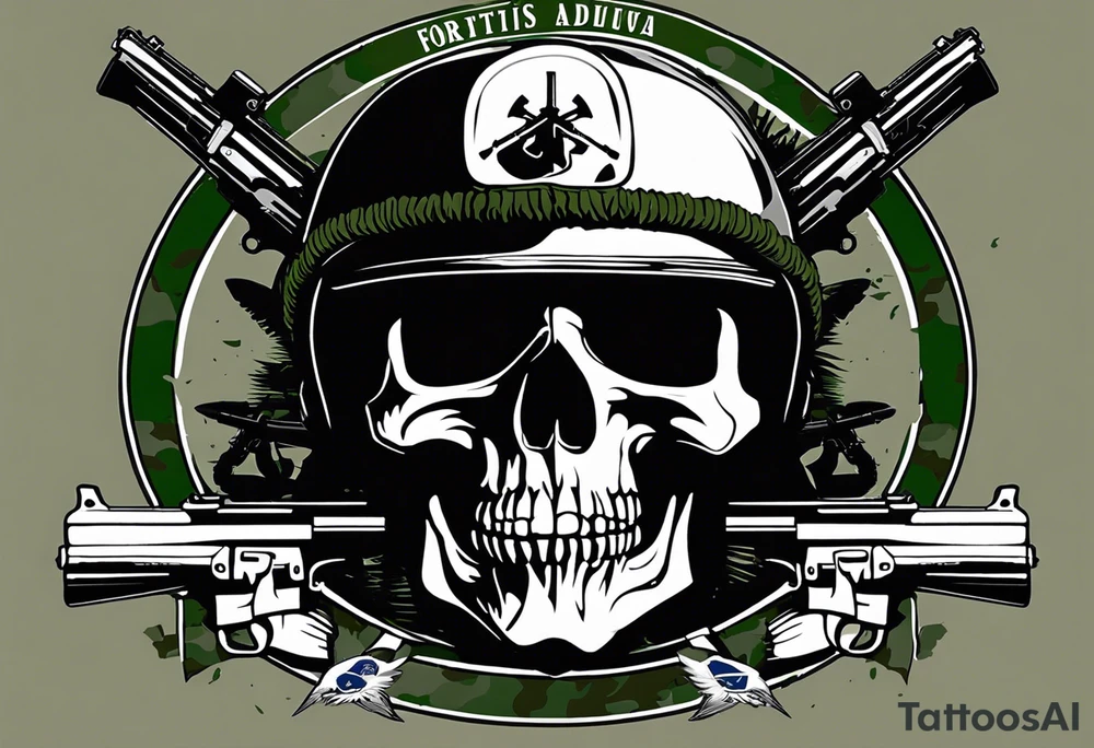 Skull in the center with military elements, such as a helmet, and two crossed rifles behind the skull. Place the phrase "Fortis Fortuna Adiuvat" above the skull in a military-style font. Use a simple background reminiscent of camouflage, keeping a neutral color palette with blacks, greens, and grays, or opt for a classic black and gray style. tattoo idea