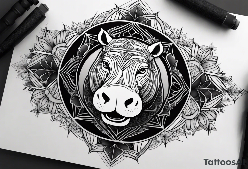 Very asymmetrical, +geometric pattern, with realistic full moon, with hippo at side look, +tribal, +geometric, +inkart , +blackwork, +grey scale, + sketch
with wintersweet flower bud, +inkart touch, +for men, detailed , combined favourite tattoo idea