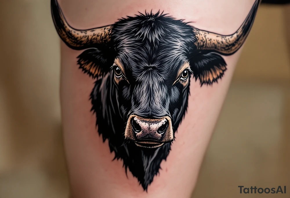 Black Angus Realism – Hyper-realistic bull head with glossy black fur, prominent muscles in the face and neck, and cool steel-gray horns with rough texture. tattoo idea