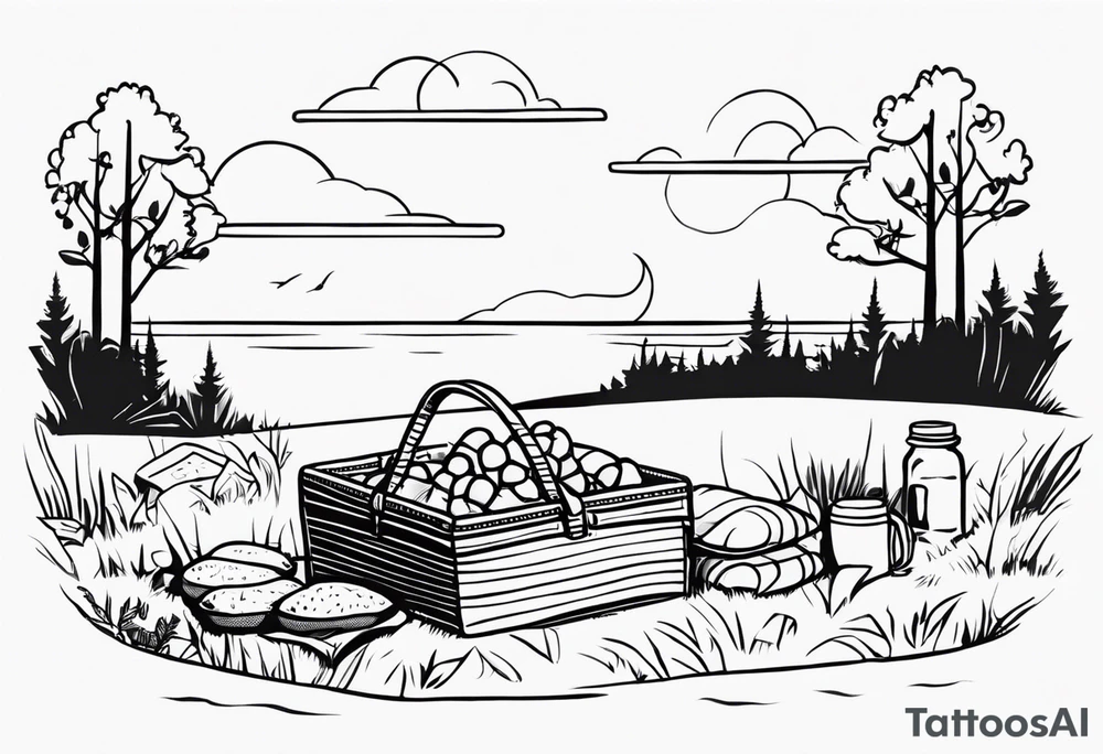 picnic scene in nature with a shecker blanket, a picnic basket and pillows. no food tattoo idea