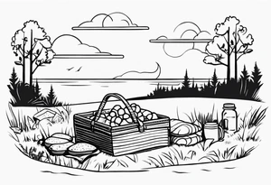 picnic scene in nature with a shecker blanket, a picnic basket and pillows. no food tattoo idea
