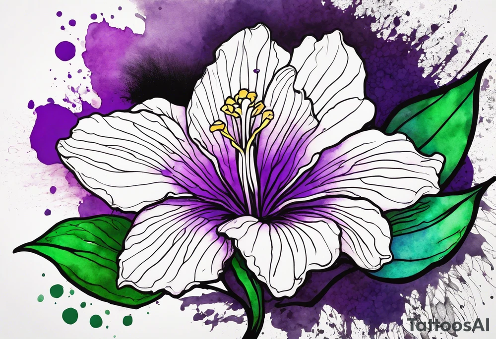 A mystical outline of a rio dipladenia flower and a green and purple watercolor splash in the background tattoo idea