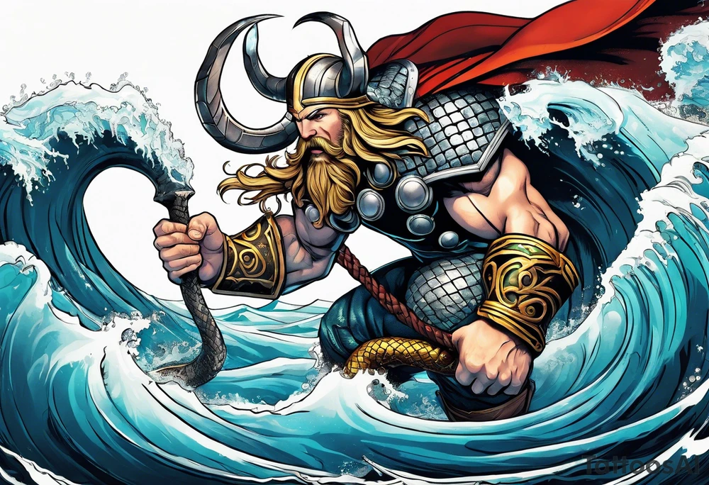Thor getting eaten by the world serpent in the ocean tattoo idea