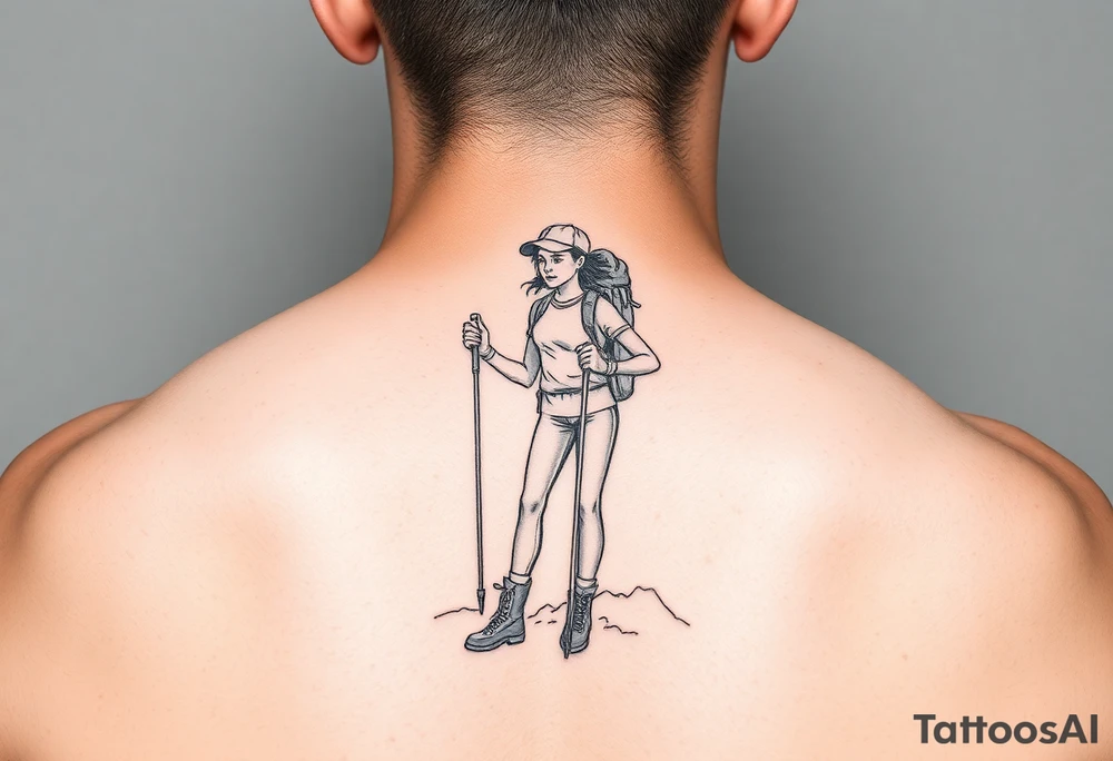 one line tattoo with a woman holding hiking poles and hiking tattoo idea