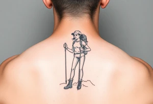 one line tattoo with a woman holding hiking poles and hiking tattoo idea
