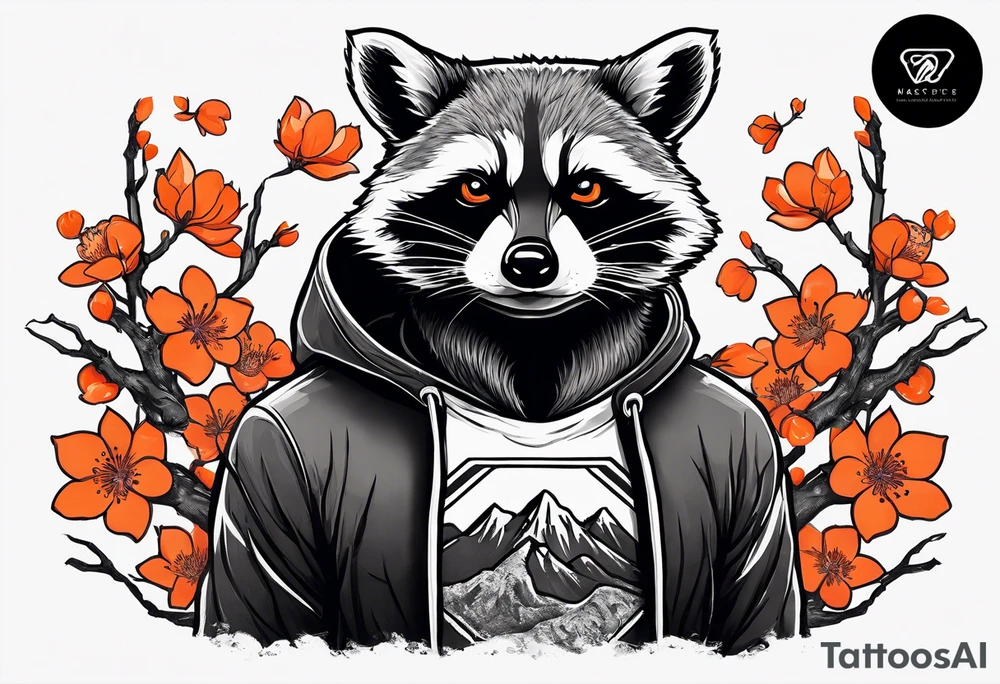 Raccoon wearing a white Superman logo on a black hoodie and orange Japanese cherry blossoms beside tattoo idea