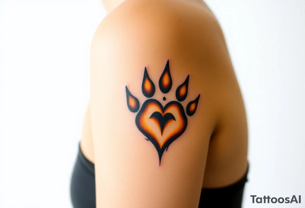A lion paw imprint with golden highlights, the heart shape subtly emerging through tattoo idea