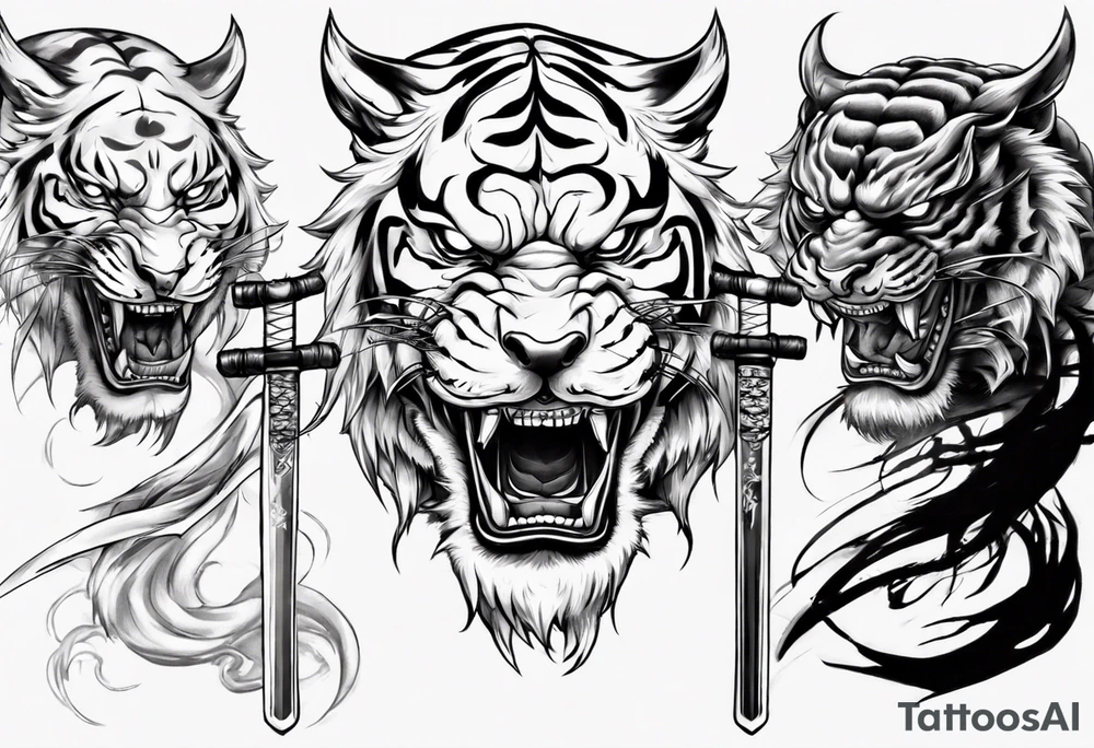 katana with demon tiger head tattoo idea