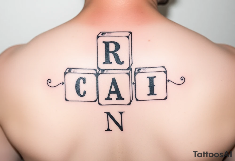 I WANT 5 TOY BABY BLOCKS STACKED ON TOP OF EACH OTHER AND I WANT EACH OF THEM TO HAVE A LETTER IN THEM. B, R, I, A, N THEY SHOULD BE STACKED ON TOP OF EACH OTHER IN 3D tattoo idea