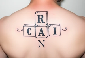 I WANT 5 TOY BABY BLOCKS STACKED ON TOP OF EACH OTHER AND I WANT EACH OF THEM TO HAVE A LETTER IN THEM. B, R, I, A, N THEY SHOULD BE STACKED ON TOP OF EACH OTHER IN 3D tattoo idea