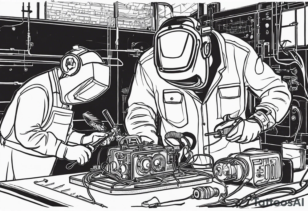 Two 60-year-old characters working together on creating a mechanism made of iron and electronic circuits. The first character is a welder, dressed in a welding suit and mask. The second character is a fitter, wearing a shirt with sleeves rolled up to the forearms and a tool belt. The mechanism they are working on should be in the center of the drawing, with the characters positioned on either side of the mechanism. The sketch should convey a sense of teamwork and craftsmanship tattoo idea