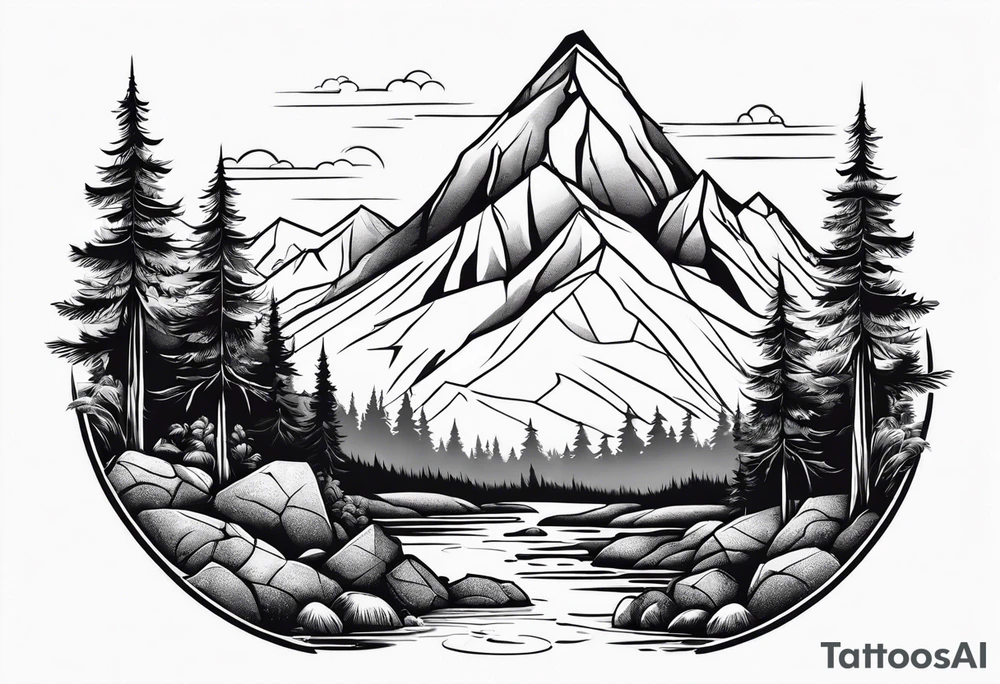 Mountain with a creek at the bottom and bushes at the base. For a full arm sleeve tattoo idea