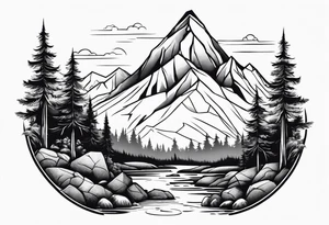 Mountain with a creek at the bottom and bushes at the base. For a full arm sleeve tattoo idea