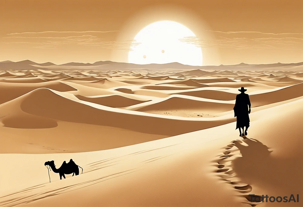 Design a tattoo depicting a distant view of a vast desert landscape with low, undulating sand dunes. Capture a man and his camel moving away, leaving footprints in the sand, both resilient against the harsh environment. The man covers his face with a long cloth, adding a sense of mystery and solitude to the scene. tattoo idea