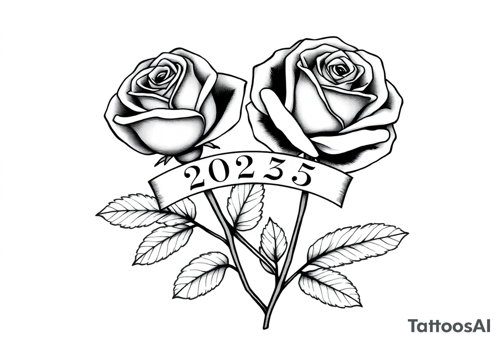 two beautiful large rose buds, one larger than the other, with many leaves next to the rose buds, with one sitting higher than the other. Include a banner connecting the two roses with "2025" on it.   Use dark outlines with little shading. The two stems should be short, not long, and connect and join into one stem, whimsically curved or twisted - not straight down. tattoo idea