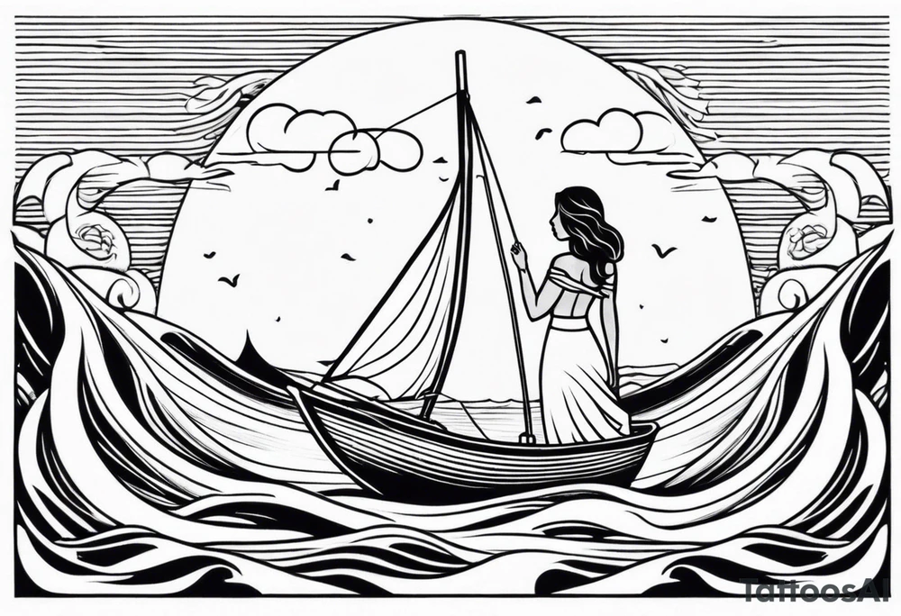 Hula girl on a sailboat with waves tattoo idea