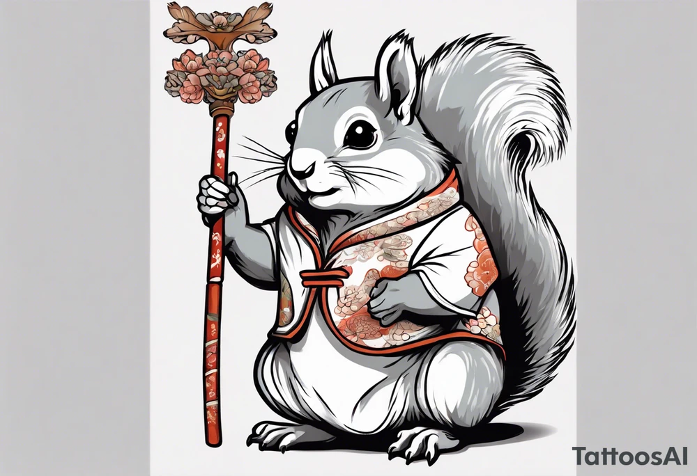 a grey squirrel dressed in a tunic holding a large white stick tattoo idea