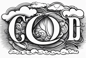 The word God in a biblical text with some cloud shading behind it tattoo idea
