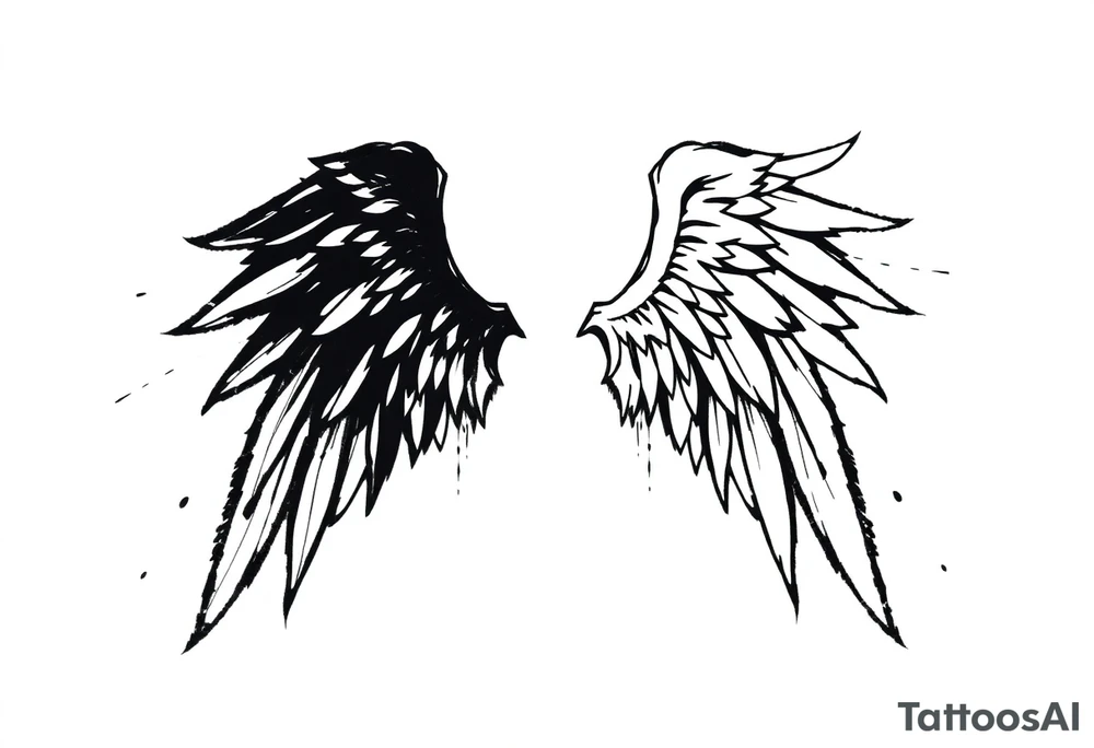 the wings go up

This tattoo design features a pair symmetrical angel wings drawn in black ink with a rough, sketch-like style. The left wing is darker, more defined, and appears denser, while the right wing is lighter, more delicate, and fragmented, creating a contrast between the two. The feathers are sharp and irregular, with fine lines and stray strokes extending outward, adding a raw and artistic feel. The overall look is dynamic and slightly chaotic, giving the impression of movement or an unfinished, ethereal form. This design symbolizes duality, freedom, transformation, or even struggle, making it a meaningful and visually striking tattoo. tattoo idea