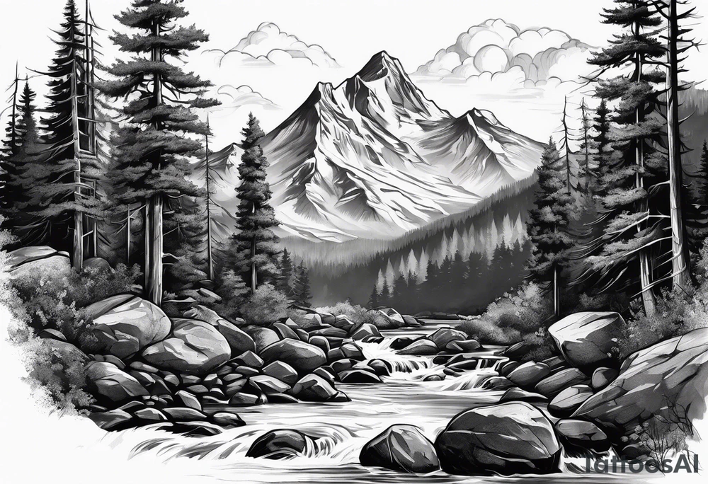 forrest 
river running through rocks and mountains 
open
realistic tattoo idea