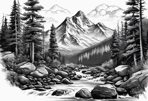 forrest 
river running through rocks and mountains 
open
realistic tattoo idea