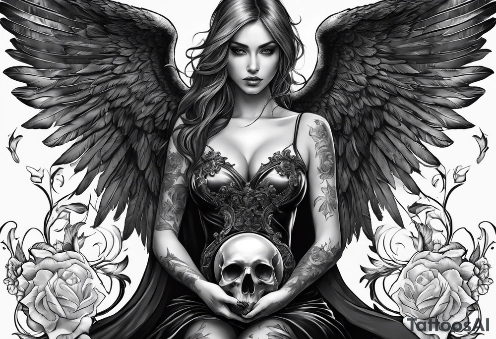 Angel in black holding a skull tattoo idea