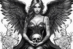 Angel in black holding a skull tattoo idea