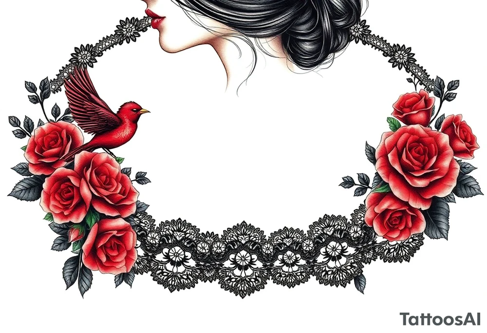 Vintage black lace, red roses, red birds, vintage, wrap around, tighter together, no space open tattoo idea
