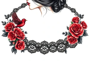 Vintage black lace, red roses, red birds, vintage, wrap around, tighter together, no space open tattoo idea