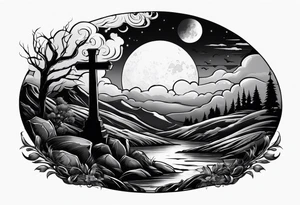 Graveyard with moon and smoke  on hills with clouds tattoo idea