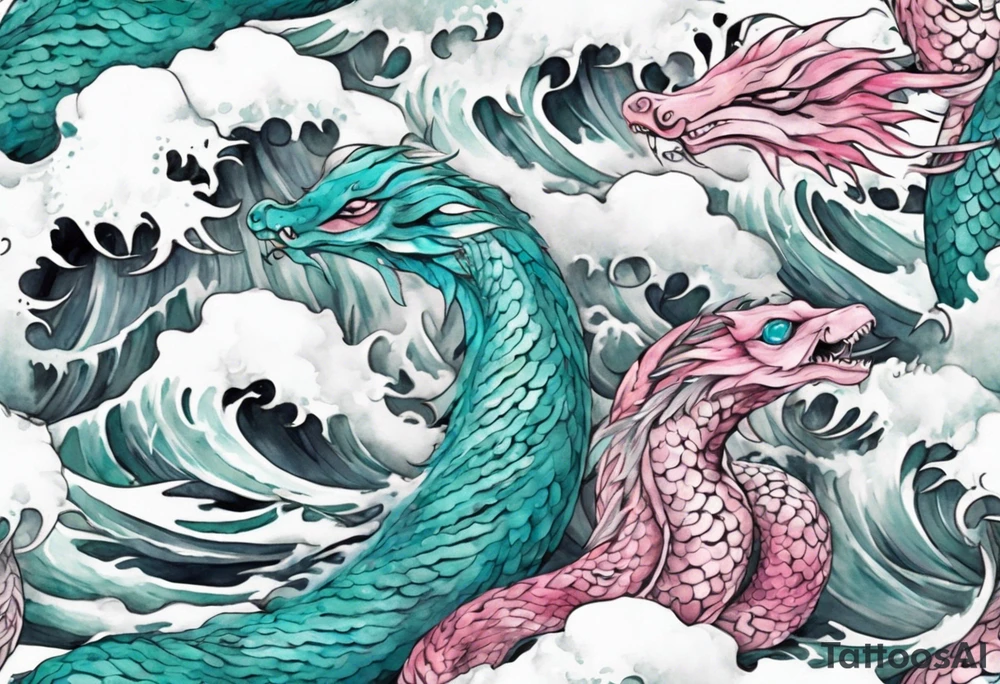 a turquoise and white and pink feathered sea serpent with beautiful eyes emerging from the stormy sea tattoo idea